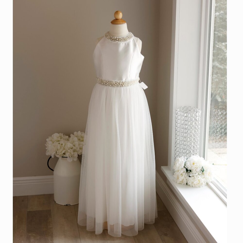 Satin Off-White Beaded Flower Girl Formal Dress Pearls Tulle Recital Size 12
